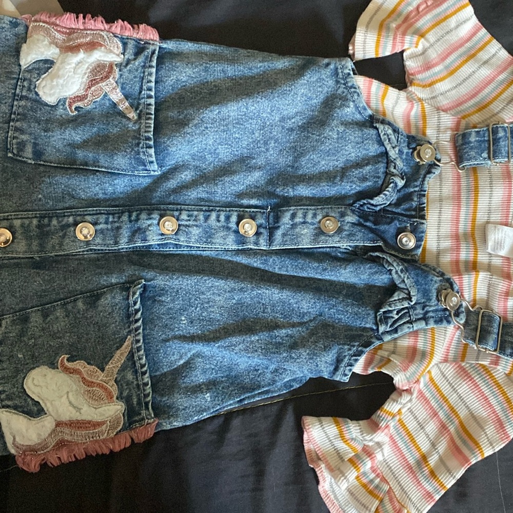 Jean jumper dress with unicorn pockets size 5